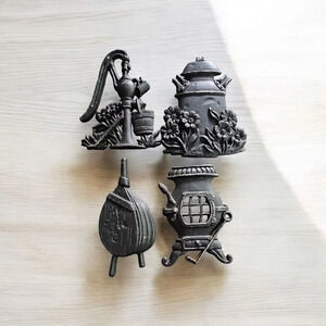 Vtg Primitive Wall Art SEXTON Cast Metal Milk Can Water Pump Wood Stove Lot Of 4